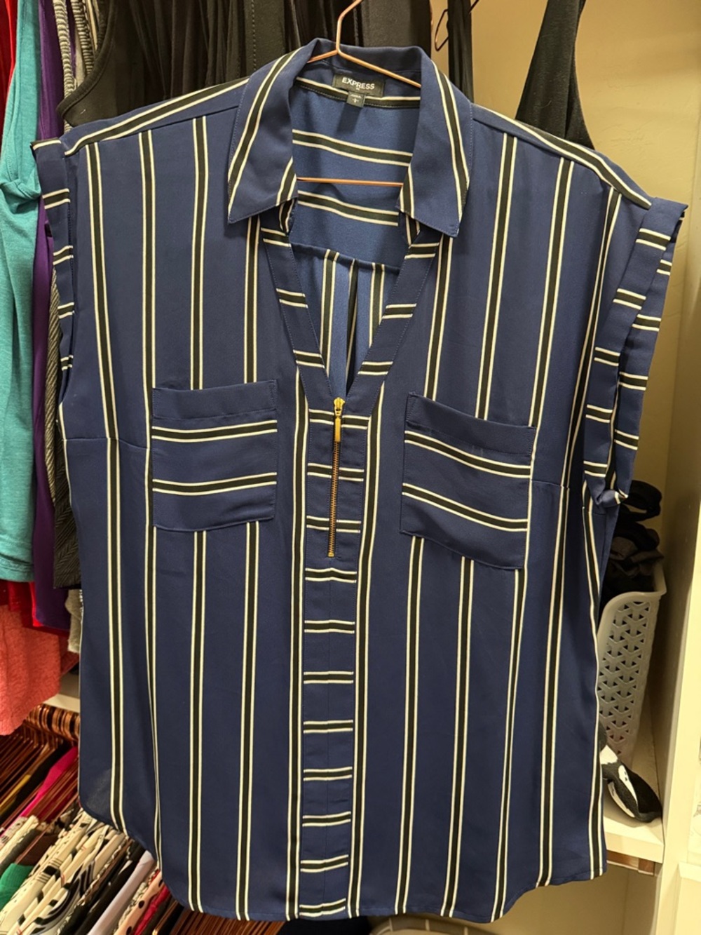 Express Navy and Cream Striped Short Sleeve Button-Front Blouse